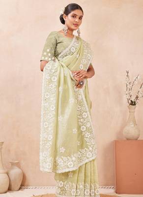 indian dusty pista resham sequins embroidery work silk blend saree 4