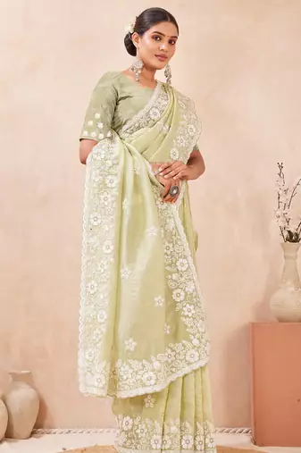indian dusty pista resham sequins embroidery work silk blend saree