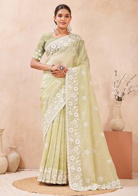 indian dusty pista resham sequins embroidery work silk blend saree 5