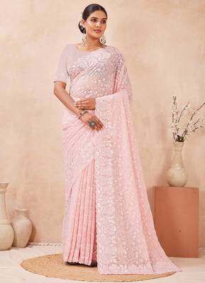 designer pink resham sequins embroidery work silk blend saree 1