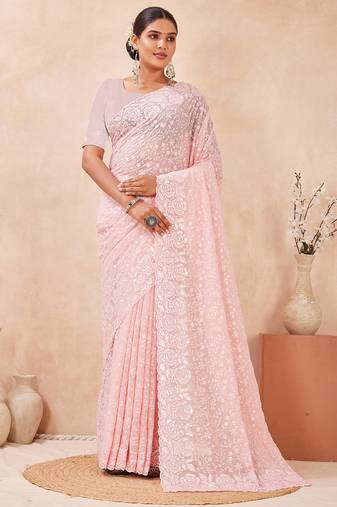 designer pink resham sequins embroidery work silk blend saree