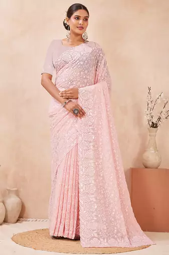 designer pink resham sequins embroidery work silk blend saree