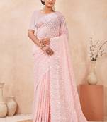 designer pink resham sequins embroidery work silk blend saree