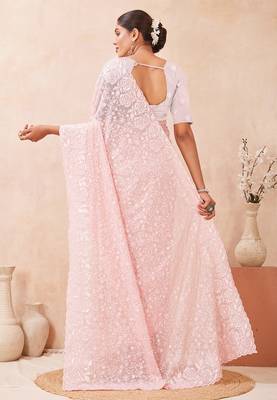 designer pink resham sequins embroidery work silk blend saree 2