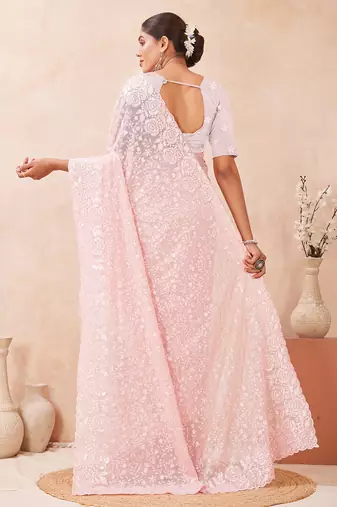 designer pink resham sequins embroidery work silk blend saree