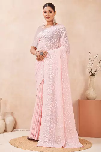 designer pink resham sequins embroidery work silk blend saree