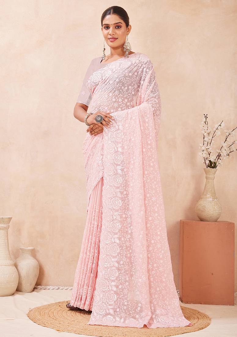 designer pink resham sequins embroidery work silk blend saree
