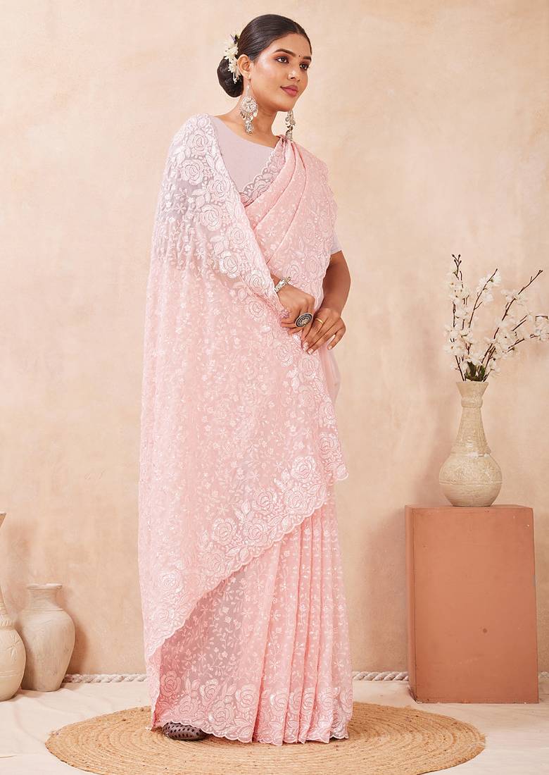 designer pink resham sequins embroidery work silk blend saree