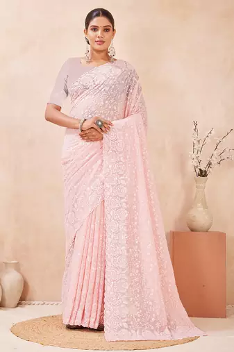 designer pink resham sequins embroidery work silk blend saree