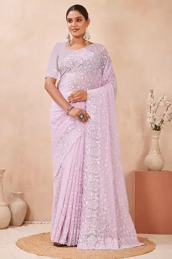 designer lavender resham sequins embroidery work silk blend saree