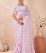 designer lavender resham sequins embroidery work silk blend saree