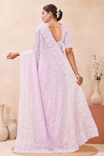 designer lavender resham sequins embroidery work silk blend saree