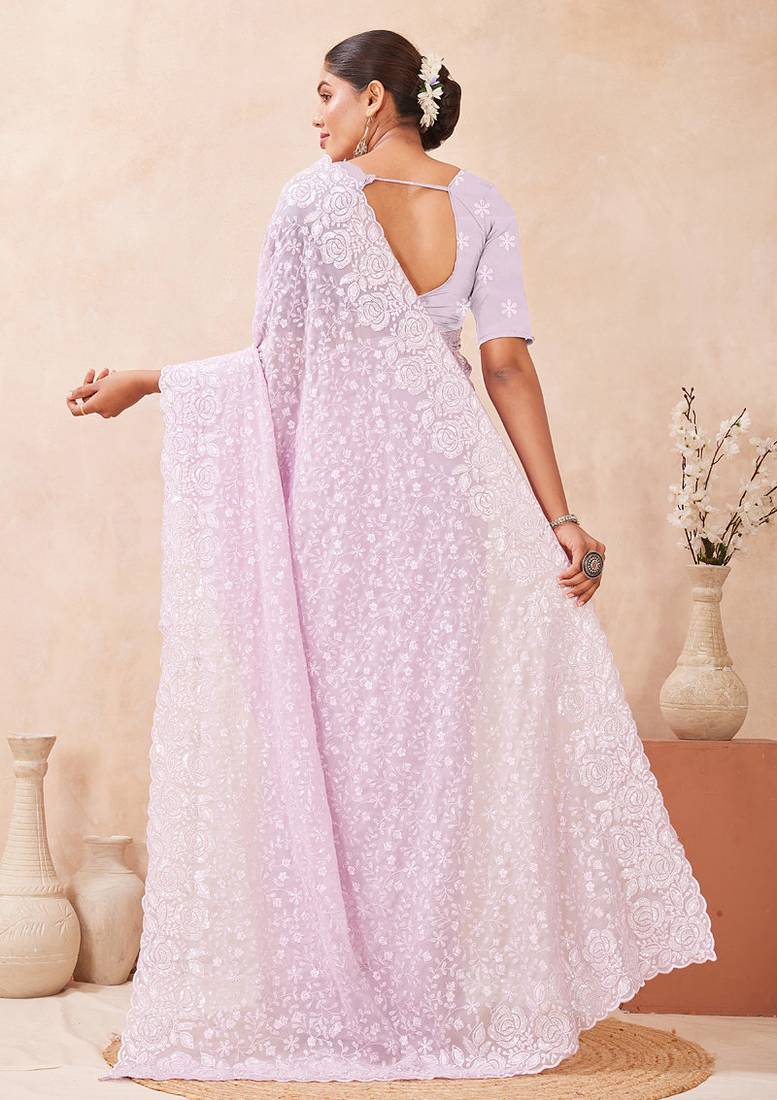 designer lavender resham sequins embroidery work silk blend saree