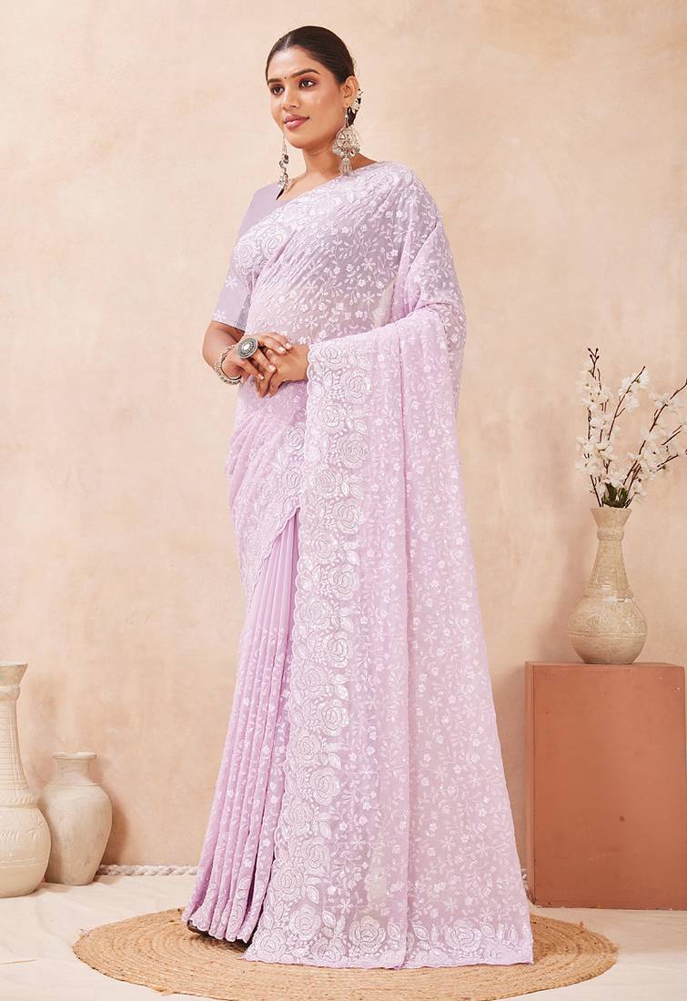 designer lavender resham sequins embroidery work silk blend saree