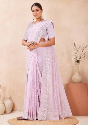 designer lavender resham sequins embroidery work silk blend saree 4