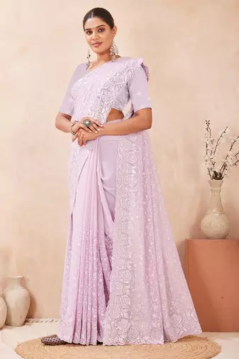 designer lavender resham sequins embroidery work silk blend saree