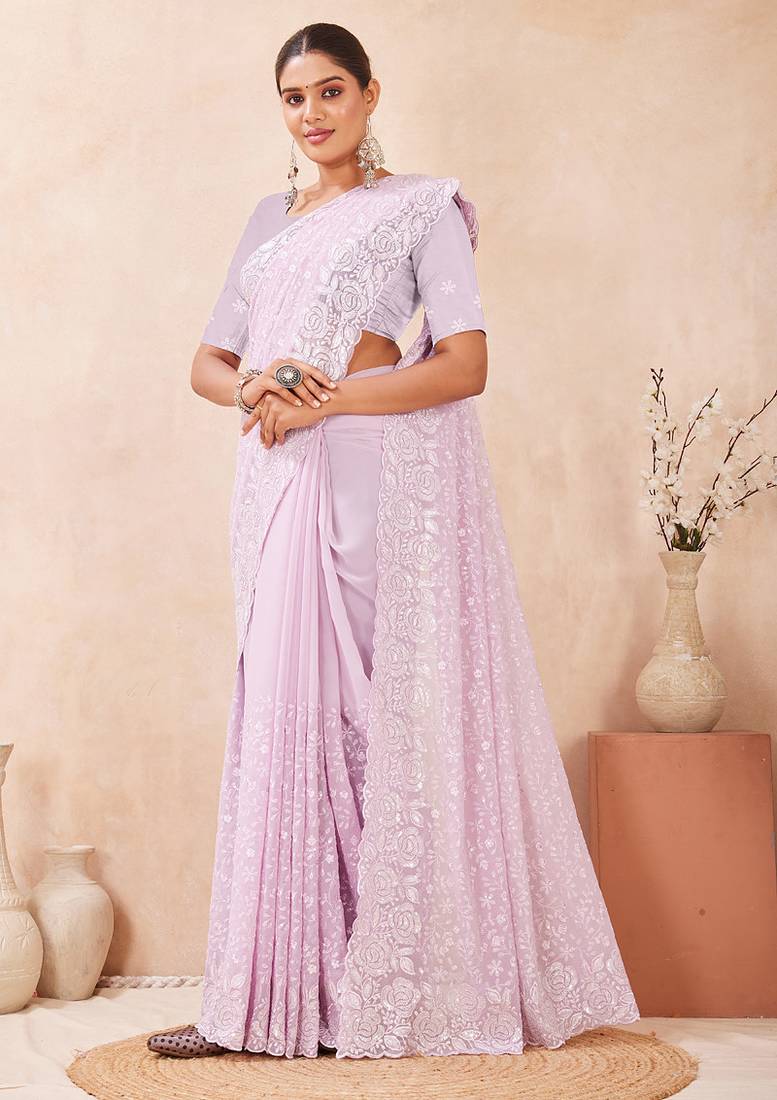 designer lavender resham sequins embroidery work silk blend saree