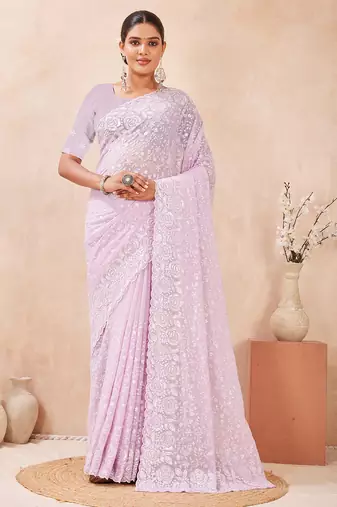 designer lavender resham sequins embroidery work silk blend saree