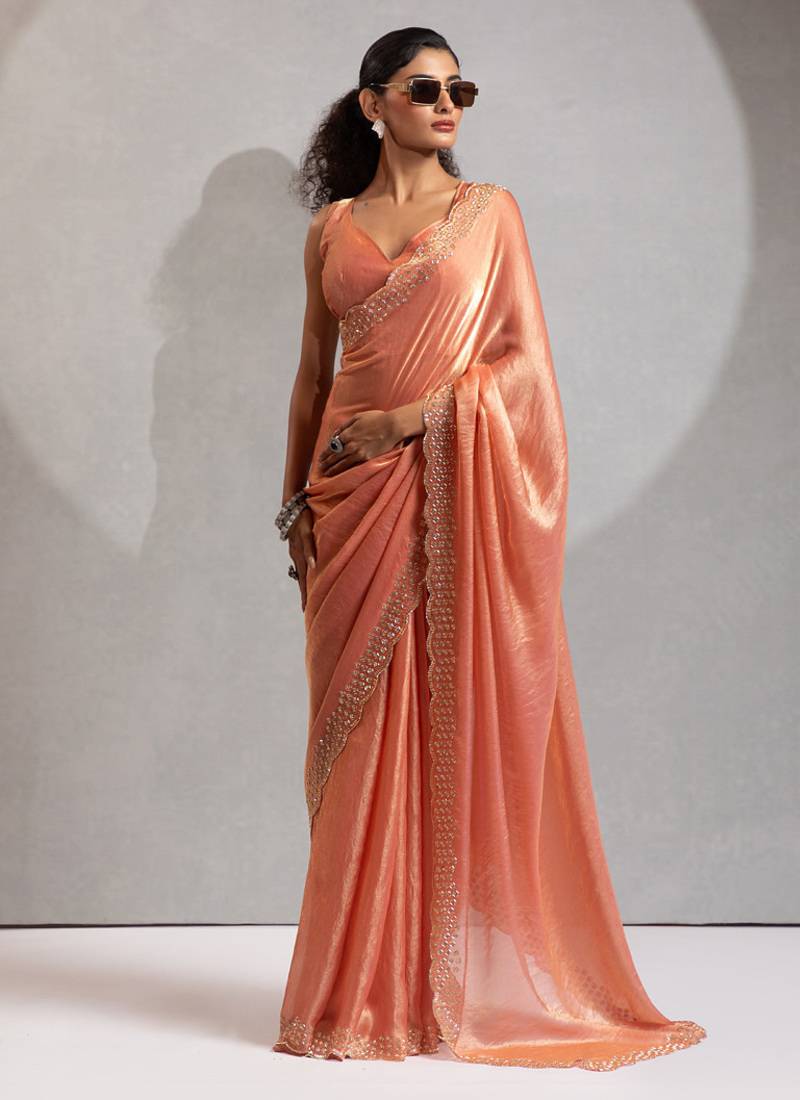 Designer peach handwork zarkan work silk Blend saree