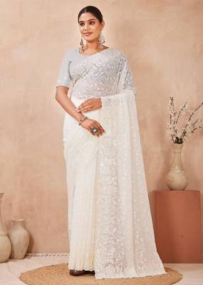 designer off white resham sequins embroidery work silk blend saree 1