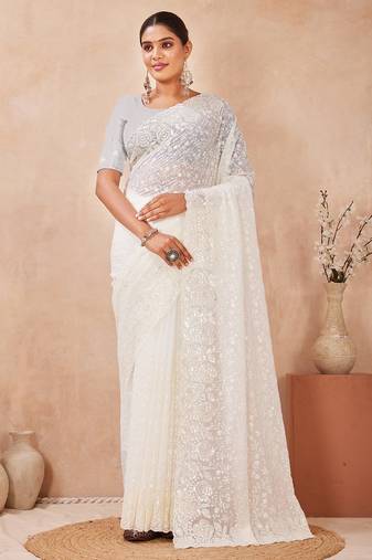 designer off white resham sequins embroidery work silk blend saree