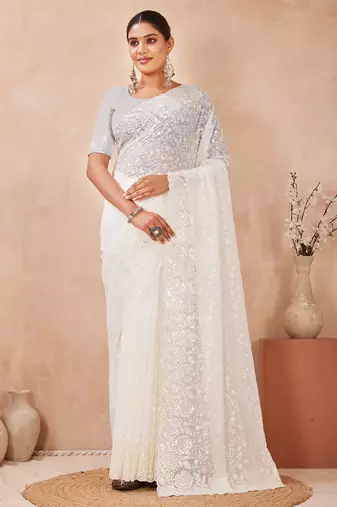 designer off white resham sequins embroidery work silk blend saree