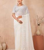 designer off white resham sequins embroidery work silk blend saree