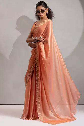 Designer peach handwork zarkan work silk Blend saree