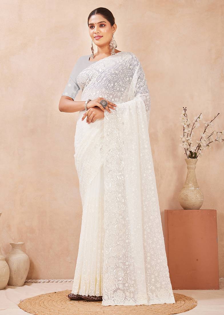 designer off white resham sequins embroidery work silk blend saree