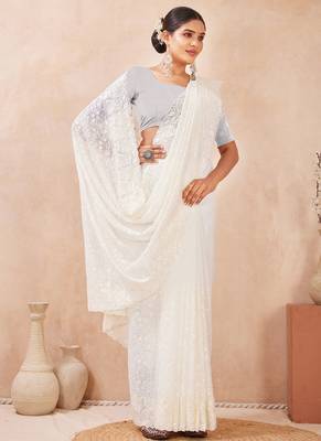 designer off white resham sequins embroidery work silk blend saree 4