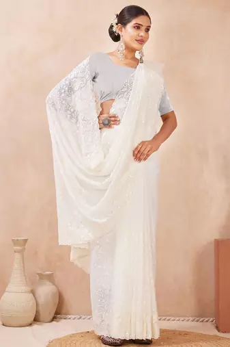 designer off white resham sequins embroidery work silk blend saree