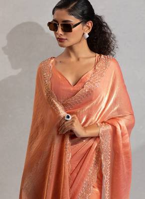 Designer peach handwork zarkan work silk Blend saree 4