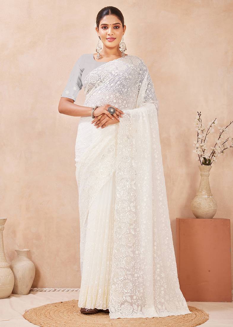 designer off white resham sequins embroidery work silk blend saree