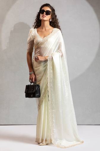Designer white handwork zarkan work silk Blend saree