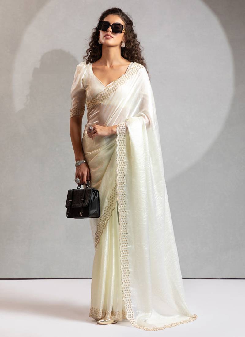 Designer white handwork zarkan work silk Blend saree