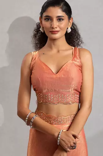 Designer peach handwork zarkan work silk Blend saree