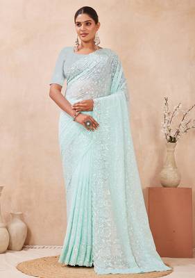 designer dusty sky resham sequins embroidery work silk blend saree 1