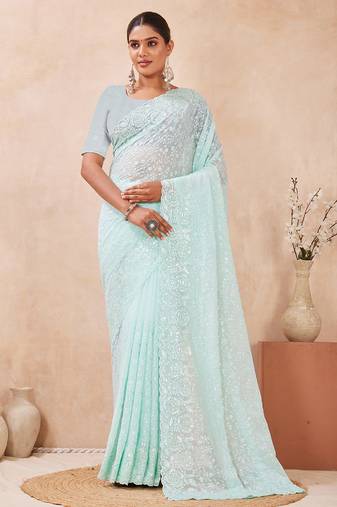 designer dusty sky resham sequins embroidery work silk blend saree