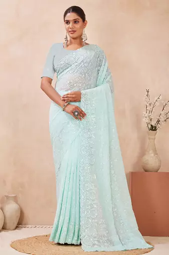 designer dusty sky resham sequins embroidery work silk blend saree