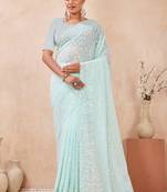 designer dusty sky resham sequins embroidery work silk blend saree
