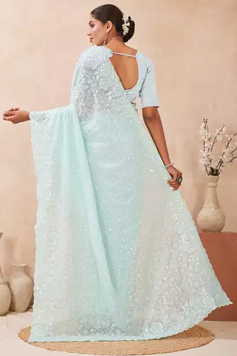 designer dusty sky resham sequins embroidery work silk blend saree