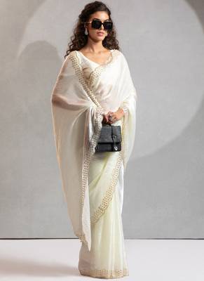 Designer white handwork zarkan work silk Blend saree 3