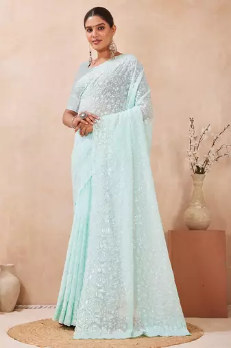 designer dusty sky resham sequins embroidery work silk blend saree