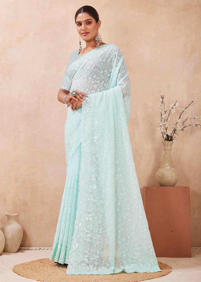 designer dusty sky resham sequins embroidery work silk blend saree