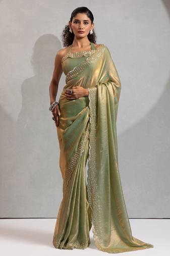 Designer pista green handwork zarkan work silk Blend saree