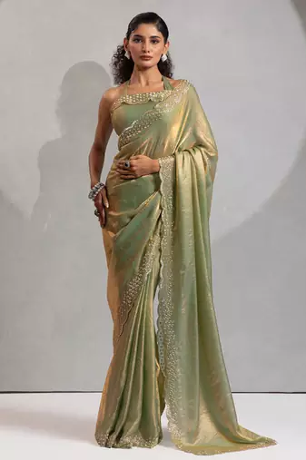Designer pista green handwork zarkan work silk Blend saree