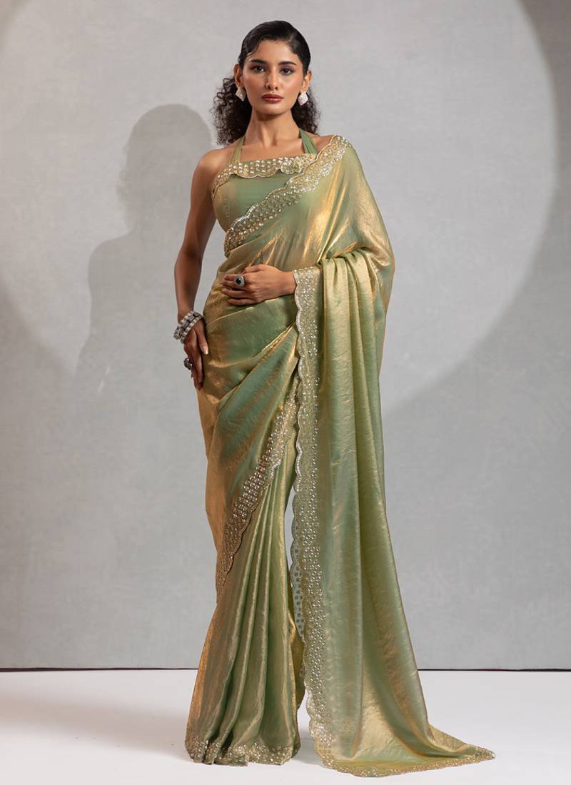 Designer pista green handwork zarkan work silk Blend saree