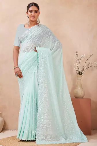designer dusty sky resham sequins embroidery work silk blend saree