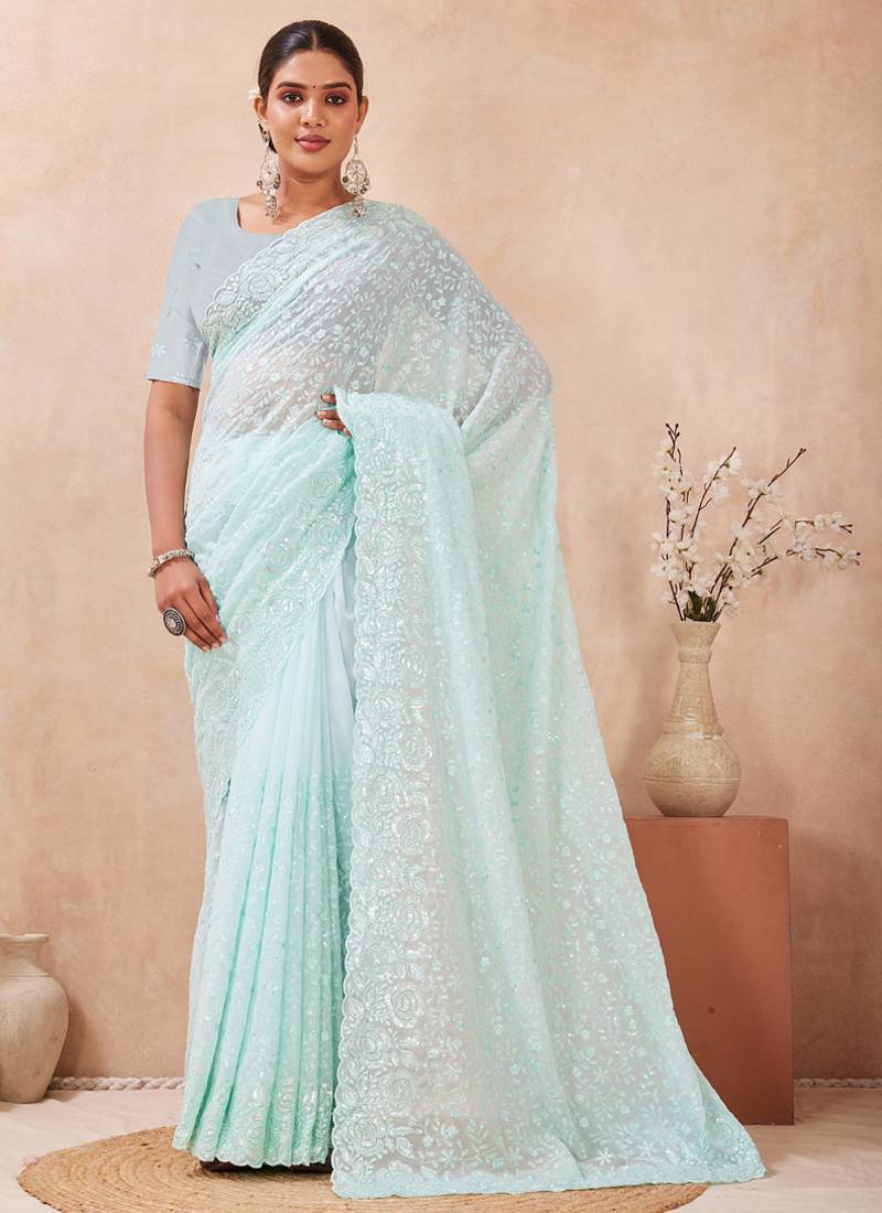 designer dusty sky resham sequins embroidery work silk blend saree