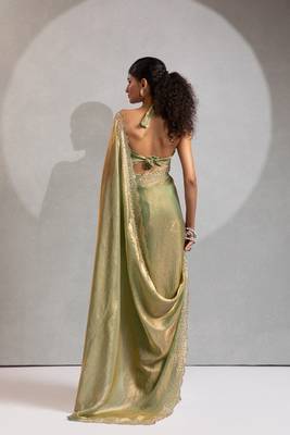 Designer pista green handwork zarkan work silk Blend saree 2